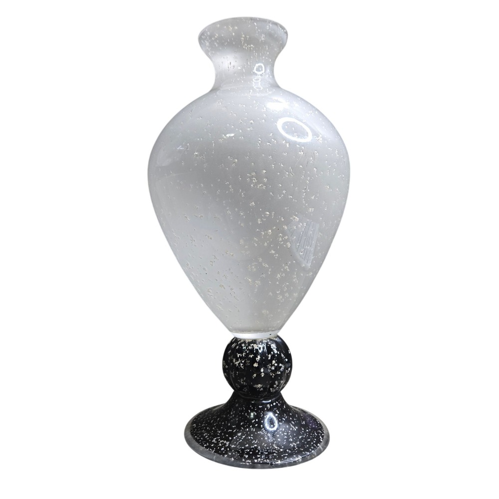 Vintage Studio Art Glass Vase White Black Base Silver Fleck Speckled Slanted